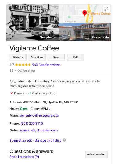 Vigilante Coffee Google My Business